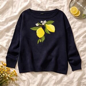 Talbots Plus 2X Navy Lemon Embroidered Knit Sweater